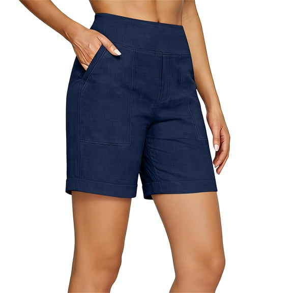 Dwellite Bermuda Long Shorts for Women Cotton linen Athletic Sweat Tummy Control Casual Lounge Summer Navy 2XL