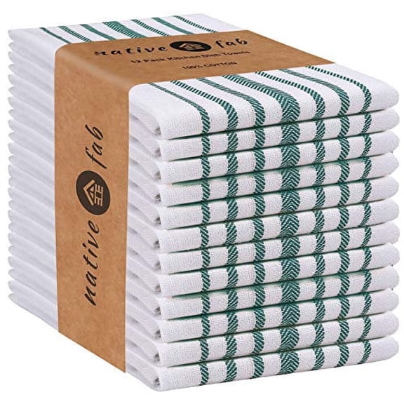 Native Fab Scandia Stripe Kitchen Towel 16"x26"- Absorbent Cotton Dish Cloths - Set of 12 - Teal Green