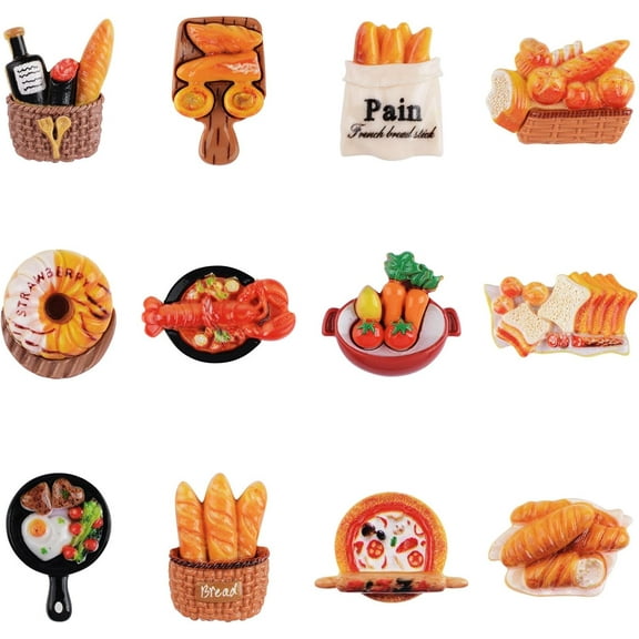 12Pcs Refrigerator Magnets Small Food-Themed Cute Resin Decorative Bread Magnet Set for Home Kitchen Office School Whiteboard Decoration