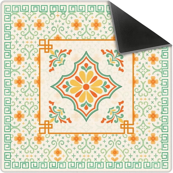 Orange & Green Abstract Floral Mahjong Mat 31.5"x31.5" – Chinese Art Design, Non-Slip Noise Reducing Gaming Mat for American Mahjong, Poker, Cards & Board Games