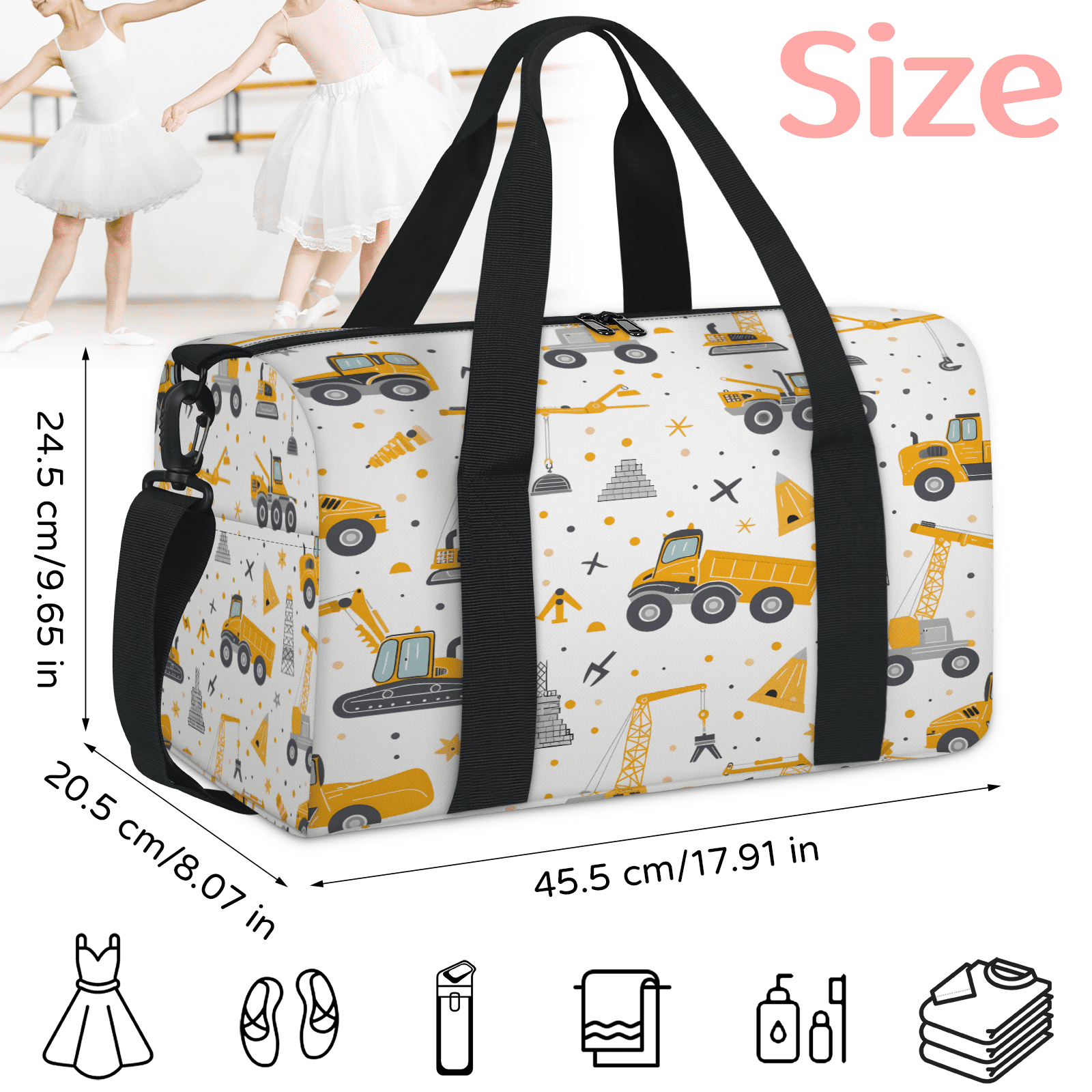 Herdesigns Tractor Excavator Gym Bag for Women, Duffle Bag for Travel Sport, Lightweight Waterproof Carry on Weekender Overnight Dance Yoga Workout Bags