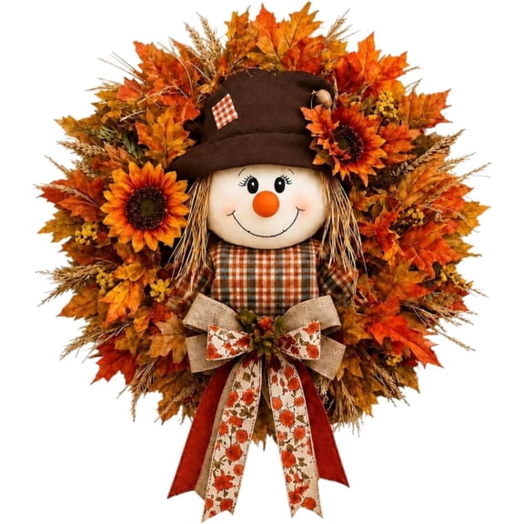 Autumn Wreaths for Front Door Scarecrow Fall Harvest Decor Sunflower Maple Leaf Farmhouse Burlap Bow Seasonal Display
