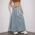thumbnail image 2 of Plus Size Women's Elastic Waist Denim Maxi Skirt, Drawstring Loose A-line Casual Denim Midi Skirt, 2 of 5
