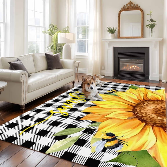 Sunshine Watercolor Large Area Rugs 8x10 ft Sunflowers Bees Black Plaid Farmhouse Washable Rug Non Slip Indoor Carpet Absorbent Floor Mat for Living Room Bedroom Dining Room