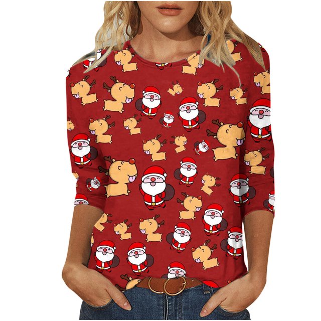 Hauts à Manches 3/4 pour Femmes Mode Féminine T-Shirt Imprimé Noël Blouse à Manches 3/4 Col Rond Hauts Décontractés Hauts à Col Haut pour Femmes Hauts à Manches 3/4 T-Shirts pour Femmes Mode