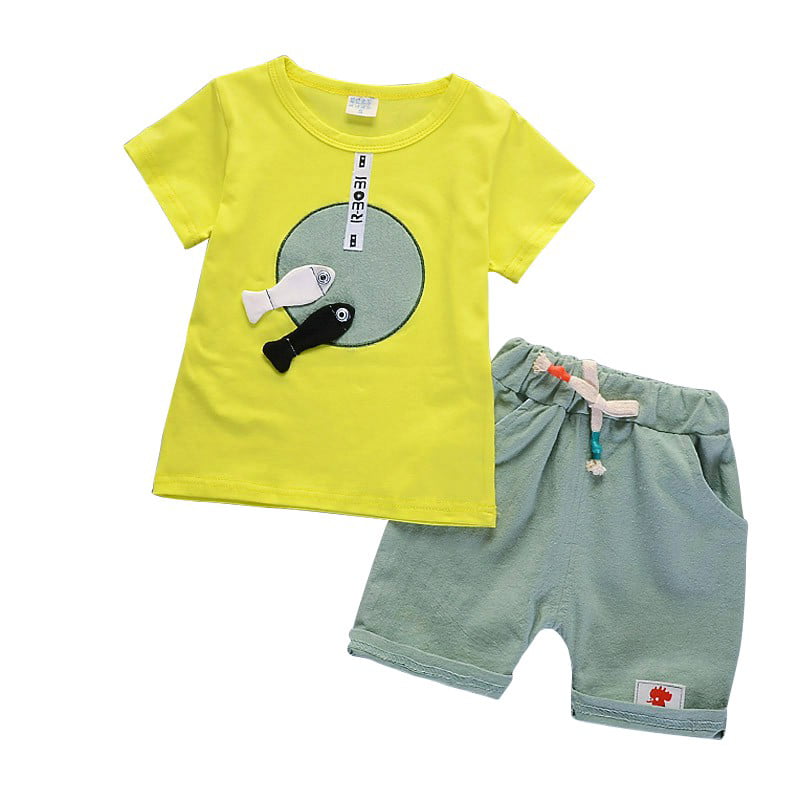 Qlans Boys Summer Clothing Sets Short Sleeve Printed T-Shirt Polo Shirts with Elastic Shorts Pants for 1-4 Years 