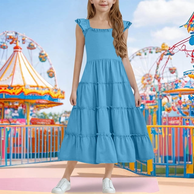 QTBIUQ Robe d'Été Unie pour Fille à Petites Manches Volantées, Col Rond, Patchwork, Jupe Longue avec Fermeture Éclair, Décontractée, Quotidienne, Vacances, Fête, Jeu, Ensemble, Style Mignon (Bleu Ciel, 12 Ans)