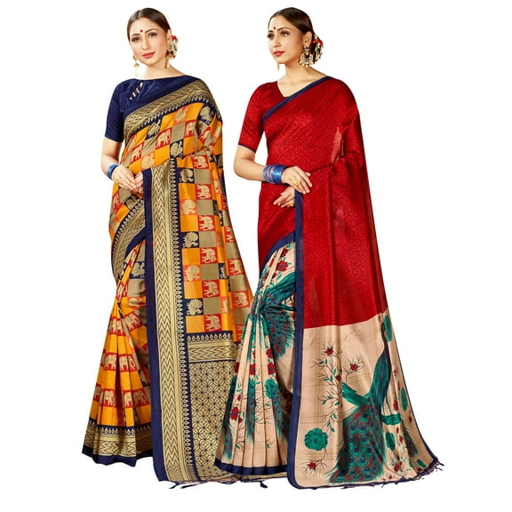Pack of Two Sarees for Women Mysore Art Silk Printed Indian Wedding Sari || Diwali Gift Combo Saree