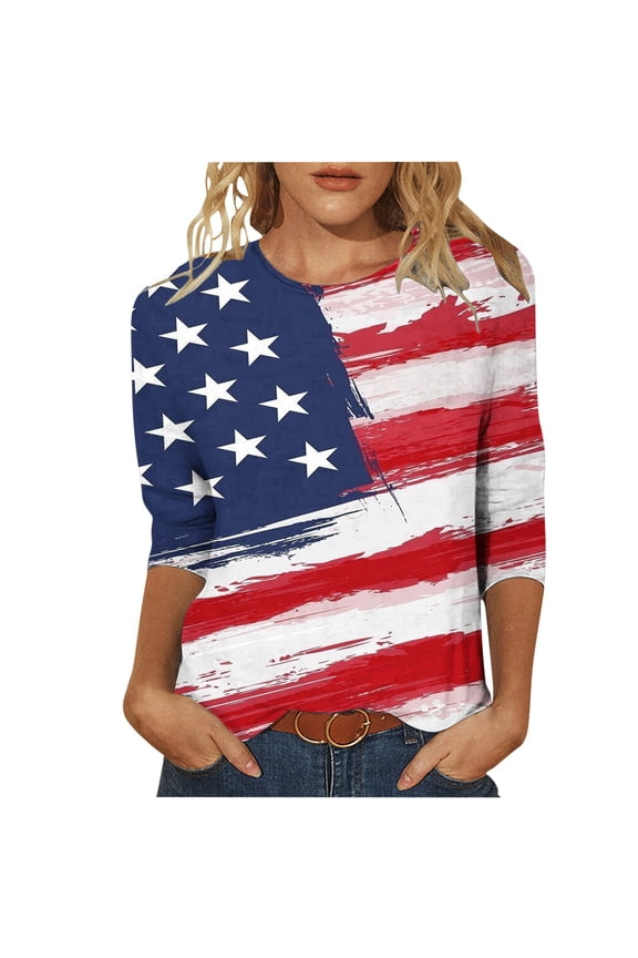 Elbow-Length T-Shirt For Women Fashion Retro USA 4th Of July Loose Tops Blouse Round Neckline Women Tops
