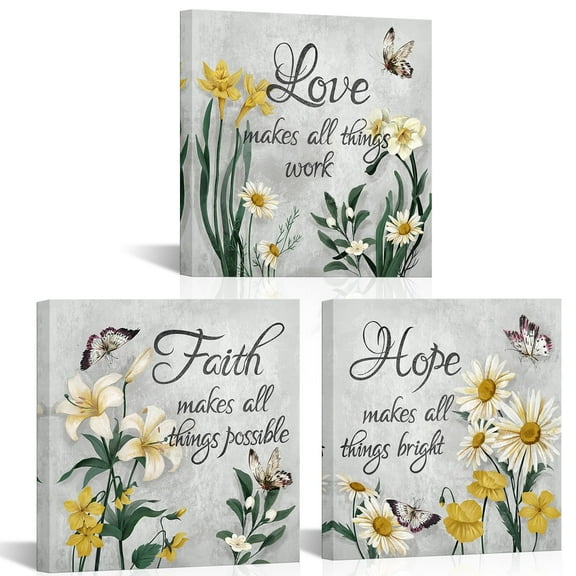 Flower Wall Art for Bedroom Grey and Yellow Butterfly Floral Canvas Paintings Faith Hope Love Quotes Inspirational Pictures Prints Home Farmhouse Bathroom Decor Ready to Hang 12x12inchx3pcs