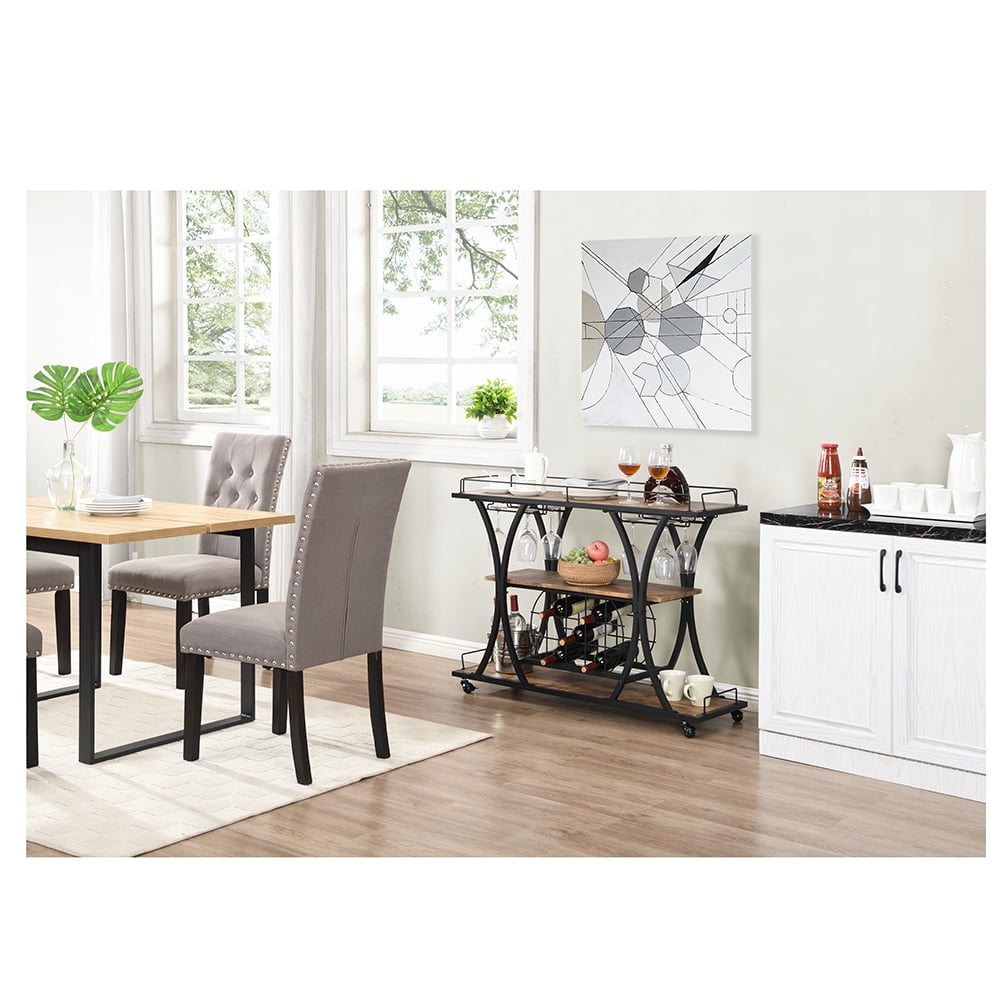 Kepooman Bar Carts, Industrial Bar Cart with Wine Rack and Glass Holder for Home, Black Kepooman Bar Carts, Industrial Bar Cart with Wine Rack and Glass Holder for Home, Black