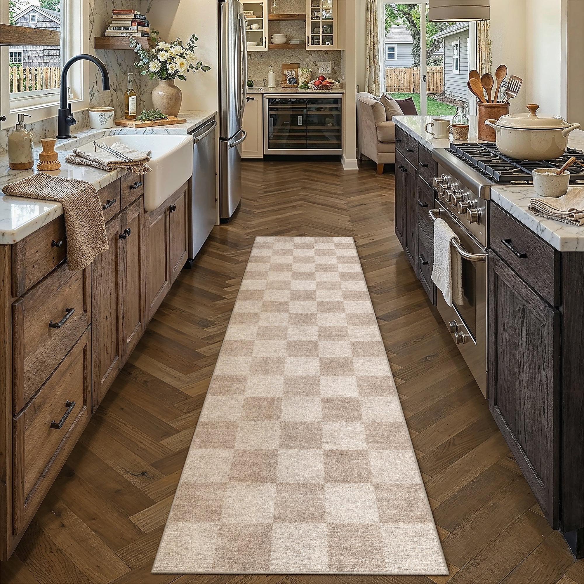 BERTHMEER 3'x7' Runner Rugs for Hallway Kitchen Entryway Bedroom Bathroom Entrance Geometric Modern Checkered Farmhouse Carpets Non Slip Machine Washable, Brown