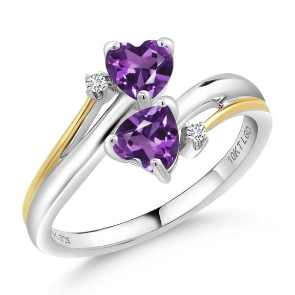 Gem Stone King 925 Silver and 10K Yellow Gold Purple Amethyst Gemstone Birthstone and White Lab Grown Diamond 2 Heart Promise Couple Engagement Mother Ring for Women 0.86 Cttw (Size 8)