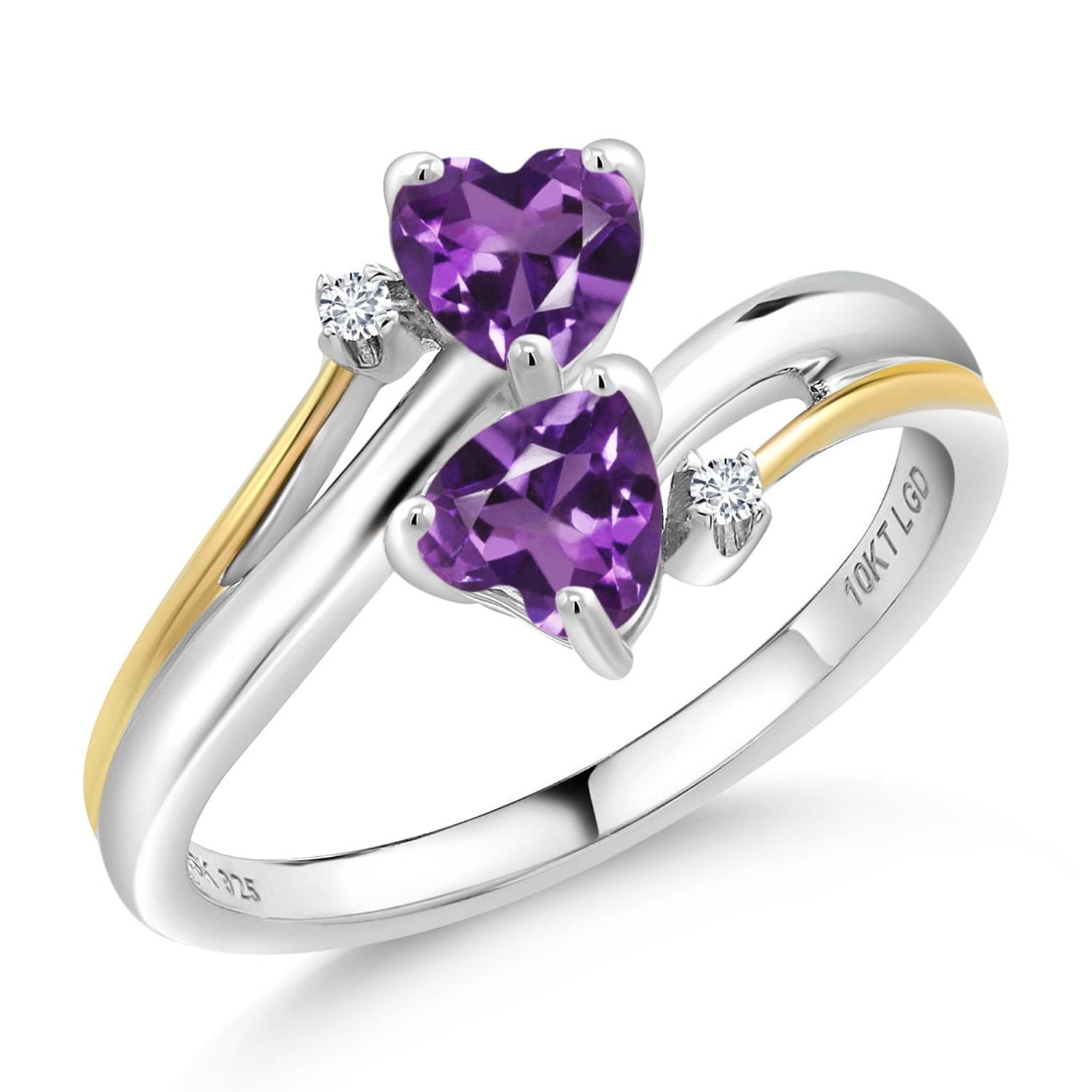 Gem Stone King 925 Silver and 10K Yellow Gold Purple Amethyst Gemstone Birthstone and White Lab Grown Diamond 2 Heart Promise Couple Engagement Mother Ring for Women 0.86 Cttw (Size 8)