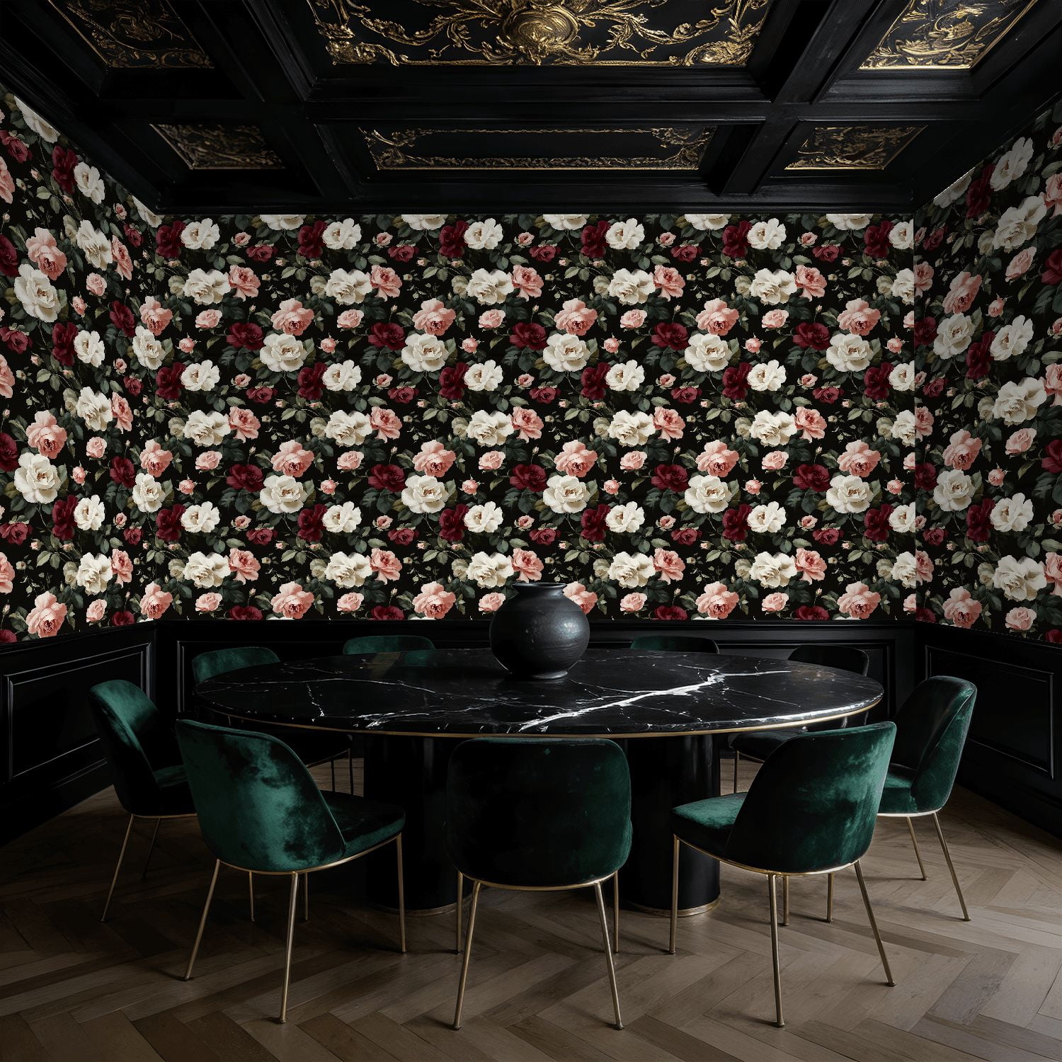 Peel and Stick Wallpaper Vintage Floral White Pink Red Roses Black Wall Mural 17.7in x 9.8ft Self Adhesive Removable Wall Paper Renter Friendly Wallpaper for Nursery Bedroom Cabinets