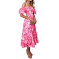 thumbnail image 3 of Women'S Summer Casual Midi Dress Puffy Short Sleeve Square Neck Smocked Tiered Ruffle Dresses Pink Flowers XL, 3 of 7