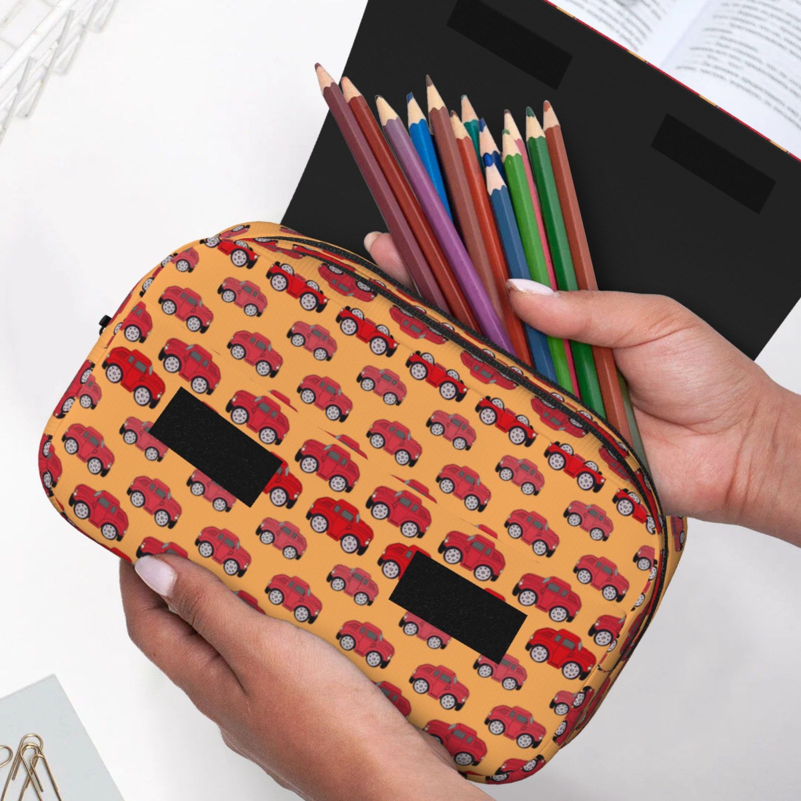 Rateoe Red Cars Pattern Double Clamshell Pen Case, Storage Organizer with Two Zipper Compartments– Holds Up to 50 Pencils & Pens