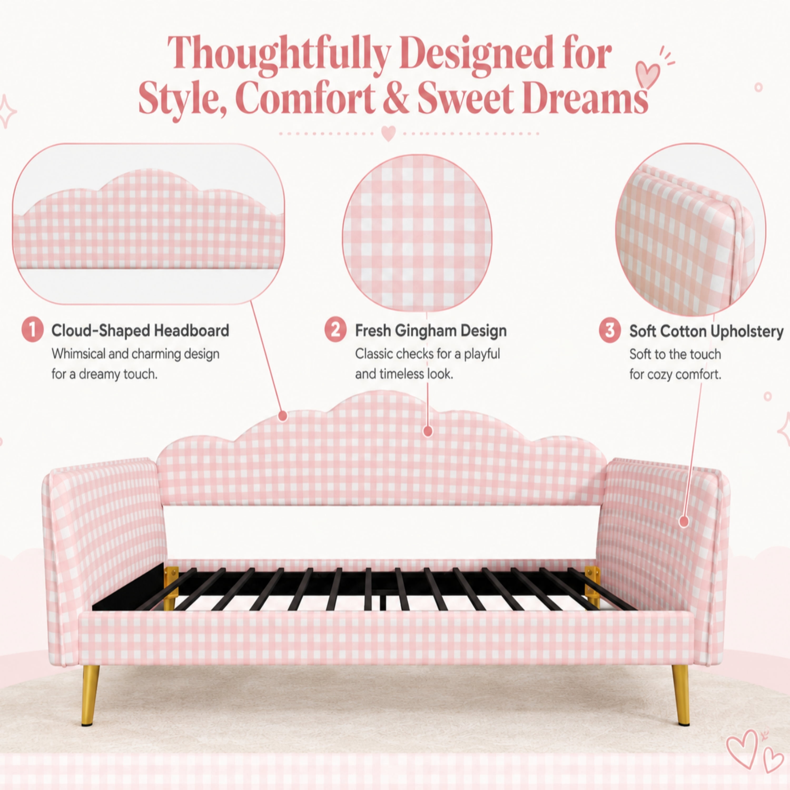Euroco Upholstery Twin Size Daybed, Wood Sofa Platform Bed with Gingham Design and Metal Legs, No Box Spring Needed, Pink
