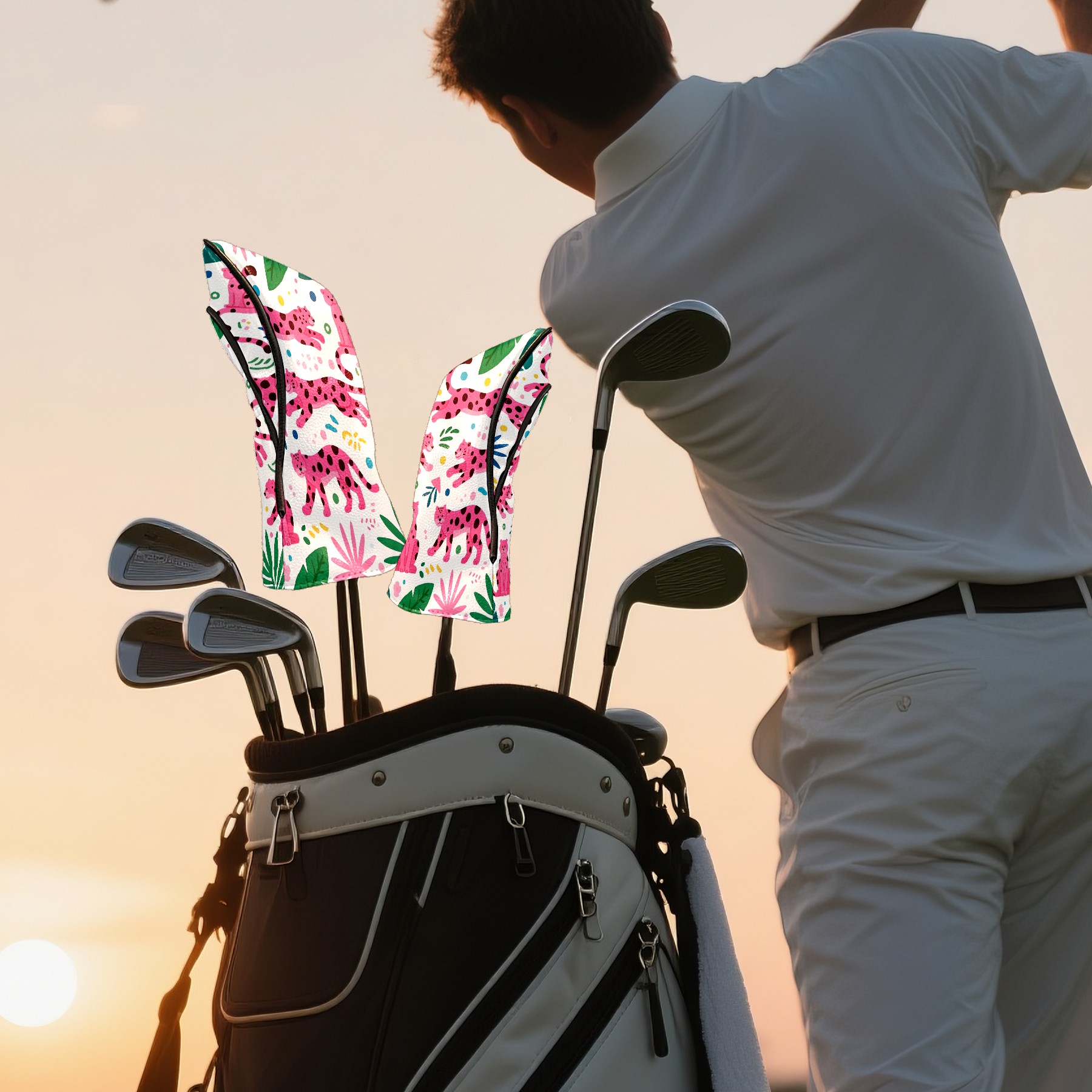 Golf Club Covers, Pink Panther Premium PU Leather Driver Hybrid Putter Head Covers with Velvet Lining, Waterproof Golf Gifts for Men Women