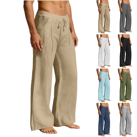 Men's Baggy Cotton Linen Pants Pleated Wide Barrel Leg Trousers Drawstring Summer Beach Casual Pants Size 2XL White