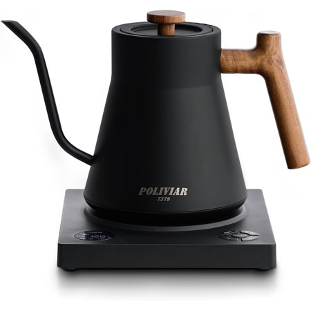 

POLIVIAR Electric Gooseneck Kettle 1200W Electric Tea Kettle Real Wood Handle 34oz Pour Over Electric Kettle for Coffee & Tea 18/8 Stainless Steel Inner Temperature Control & Rapid Heating