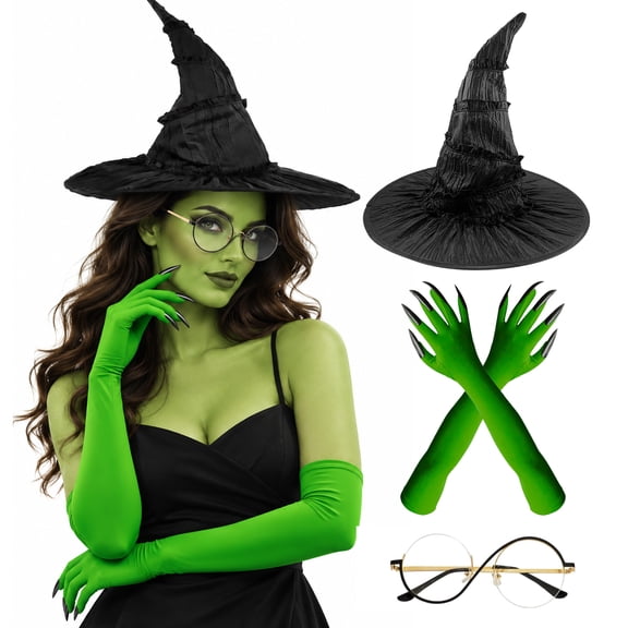 Forfamy Witch Costume Accessories Set, Halloween Costume Accessories, Witch Hat, Gloves, Wizard Glasses for Halloween Cosplay Dress Up