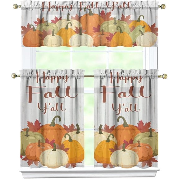 Fall Decorations for Home, Fall Kitchen Curtains, Thanksgiving Fall Kitchen Valances Rod Pocket Autumn Window Curtains Tier and Valance Set Fall Decor, 54" x 18" Valance, 27" x 36" Tier, 3 Panel Set