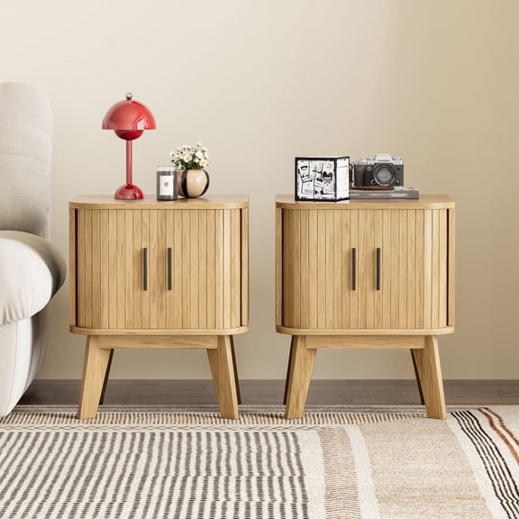 Pusnapku Nightstand Set of 2, Wood End Table with Storage and Sliding Door, Modern Curved Side Desk, Small Bedside Table for Bedroom, Living Room