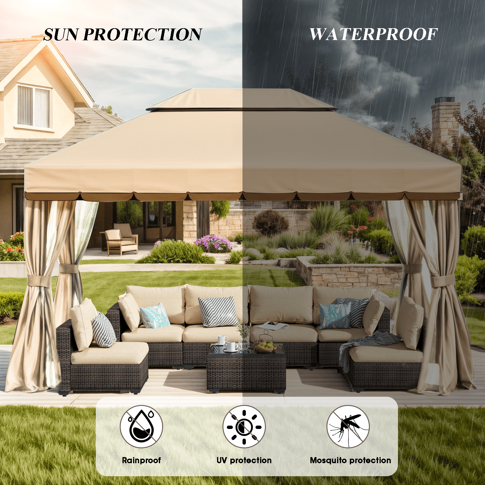 Grezone 10×13 FT Deluxe No Screws Gazebo,Double Roof Outdoor Shelter Tent with Mosquito Nettings and Privacy Screens