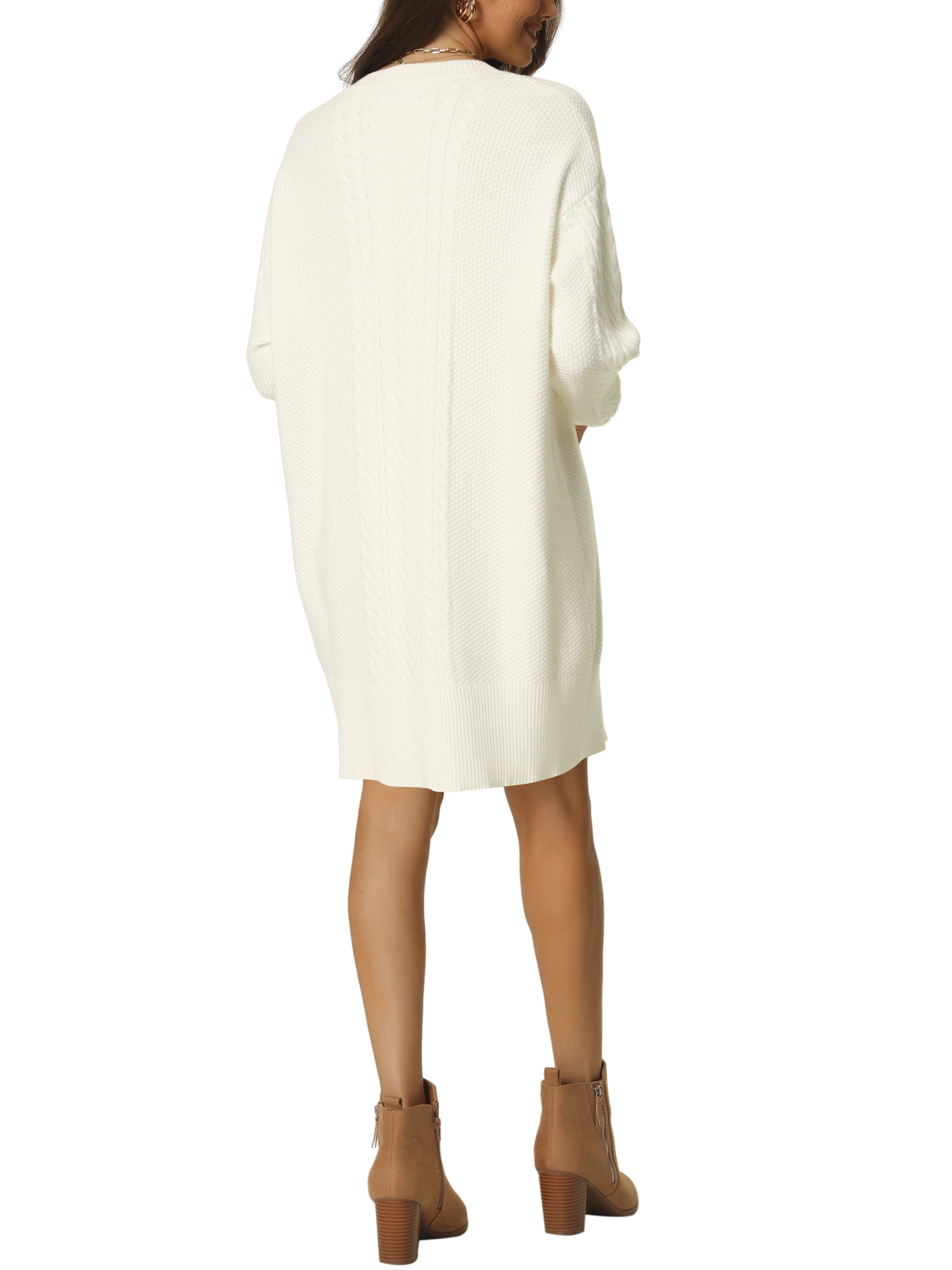 Unique Bargains Womens' Textured Long Sleeve Above Knee Casual Sweater Dress M White