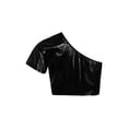 thumbnail image 2 of Sxiwei Kids Girls Boys Jazz Hip-hop Dance Top One Shoulder Metallic T-shirts Performance Costume Black 150, 2 of 4