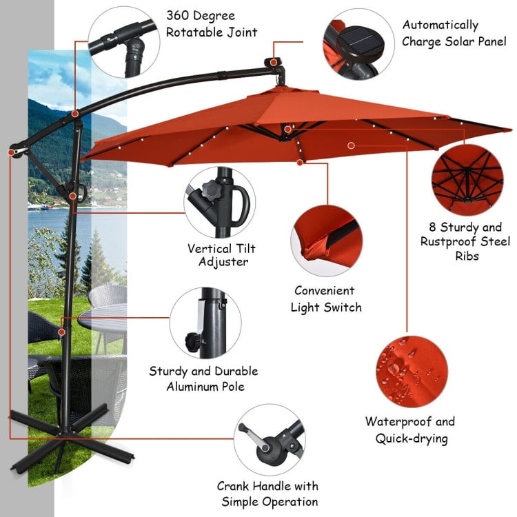 Aimee Lii 10 ft 360° Rotation Solar Powered LED Patio Offset Umbrella without Weight Base, Outdoor Umbrellas for Patio, Orange Aimee Lii 10 ft 360° Rotation Solar Powered LED Patio Offset Umbrella without Weight Base, Outdoor Umbrellas for Patio, Orange