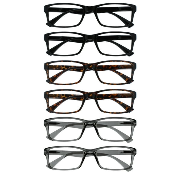 OPULIZE PEP Reading Glasses 6 Pack - Classic Everyday Rectangular Frame - Spring Hinges Scratch Resistant - Black Brown Transparent Gray - Mens Womens - RRRRRR92-112277 - 2.50