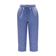 thumbnail image 3 of Gingham Capris for Women Petite Linen Cropped Pant Lightweight Dressy Casual Wide Leg Elastic Waist Summer Pull on Ladies Palazzo Capri Trouser with Pockets Blue L, 3 of 6