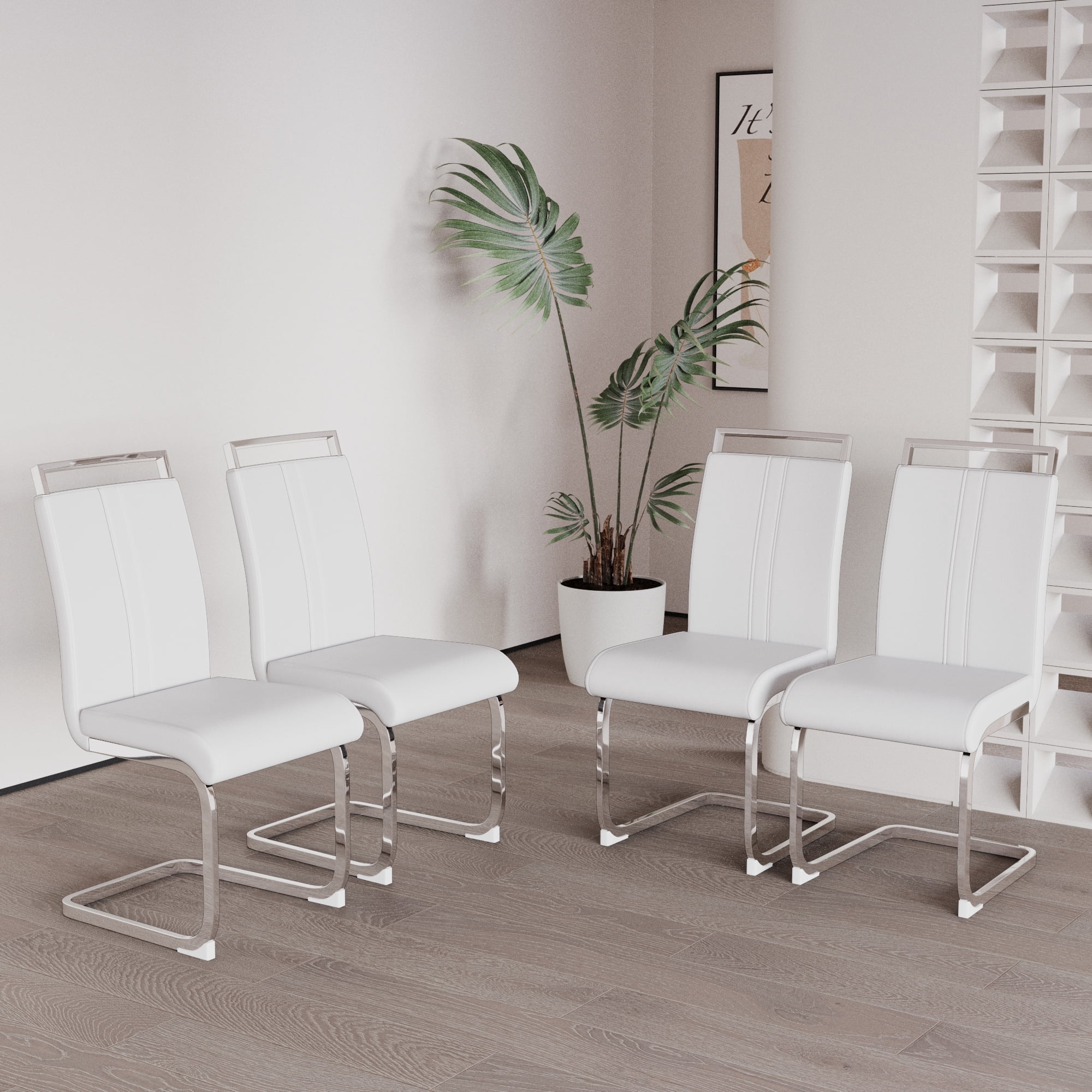 Dining Chairs Set of 2 PU Leather High Back Upholstered Chairs with Gold Metal Legs for Home Kitchen Dining Room Patio, White