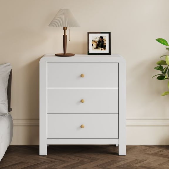 3 Drawer Dresser with Rounded Table Corners, Modern Chest of Drawers, Large Nightstand Side Table, Wood Storage Dressers Organizer for Bedroom, Living Room, Entryway, White/Natural Wood