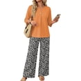 thumbnail image 2 of Women’s Casual Printed Two Piece Set Button Front 3/4 Sleeve Top And Wide Leg Long Pants Outfit Yellow L, 2 of 6