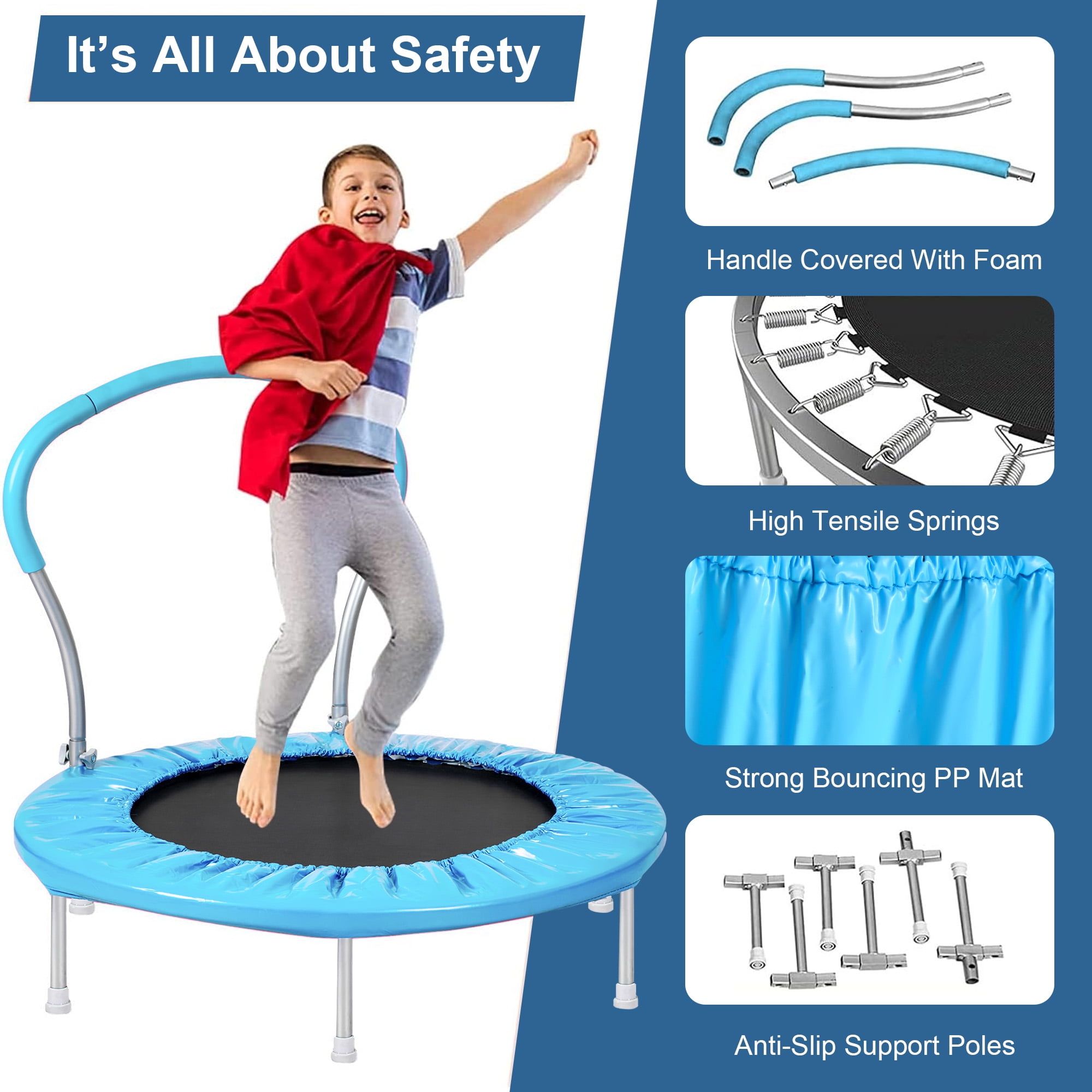 Aukfa Mini Trampoline with Handrail for Kids, 36" Fitness Rebounder with Safety Pad, Indoor Outdoor, Blue