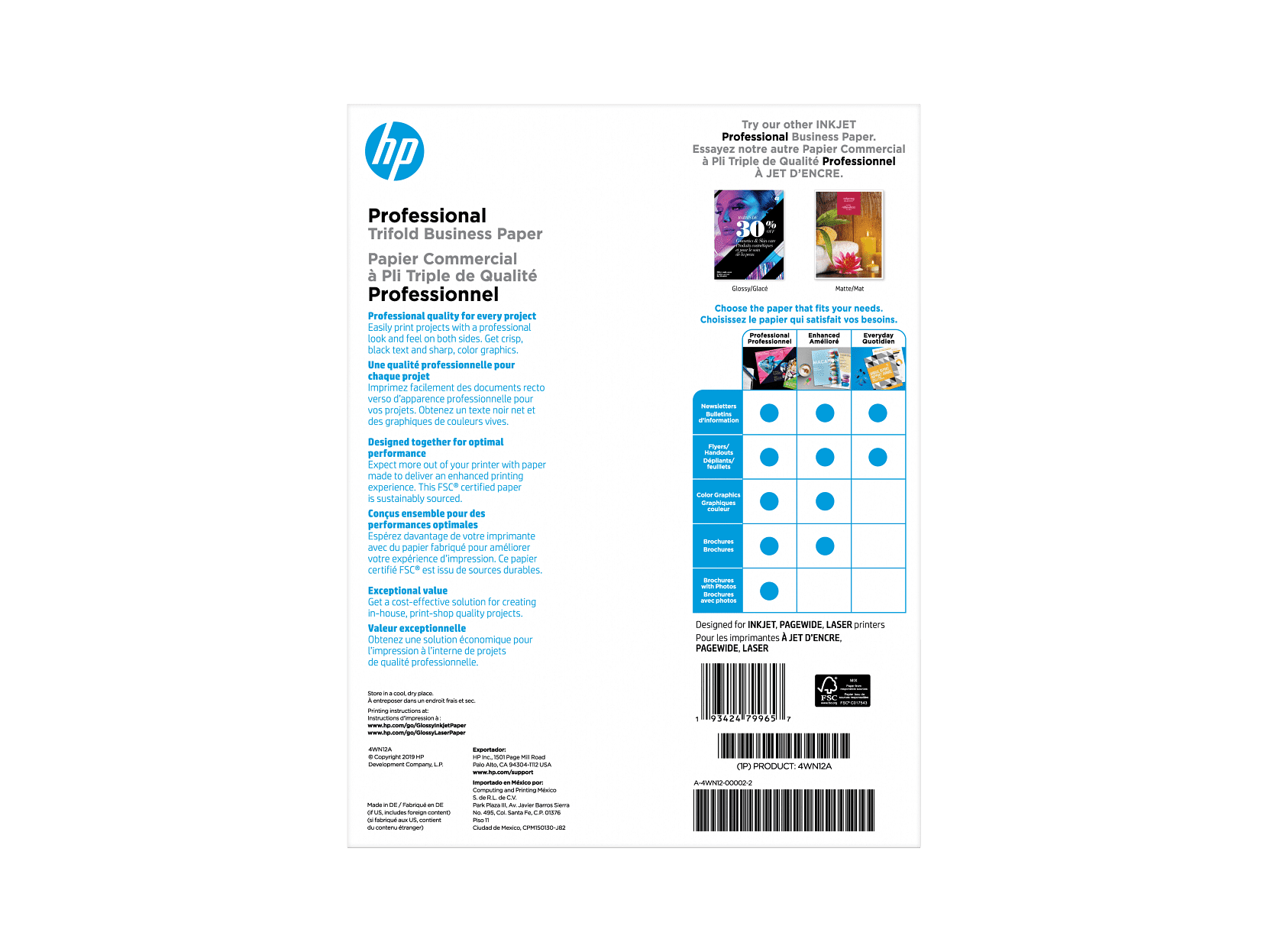 HP Professional Tri-Fold Business Paper, Glossy, 48 lb, 8.5 x 11 in. (216 x 279 mm), 150 sheets 4WN12A