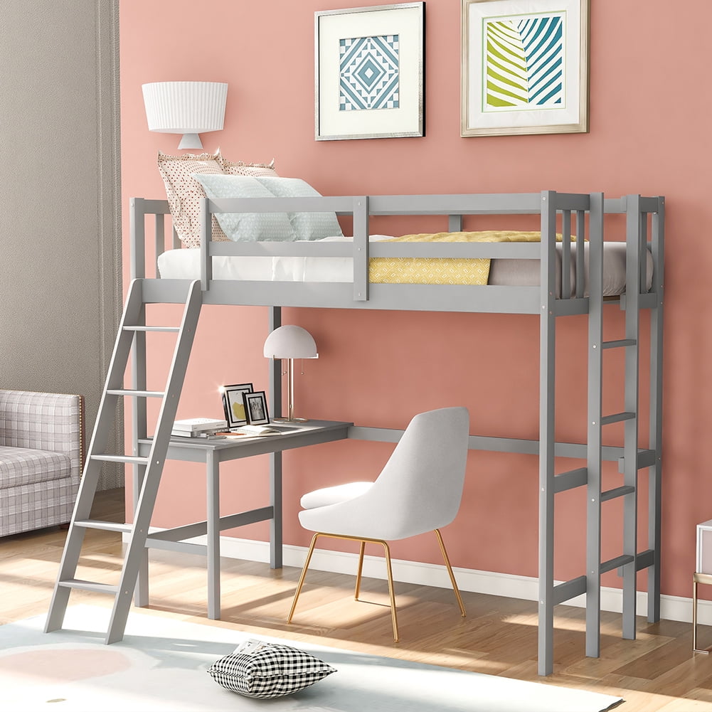 Kadyn Wood Loft Bed with Desk and Two Ladders, Twin Size Bunk Bed(Gray) Kadyn Wood Loft Bed with Desk and Two Ladders, Twin Size Bunk Bed(Gray)