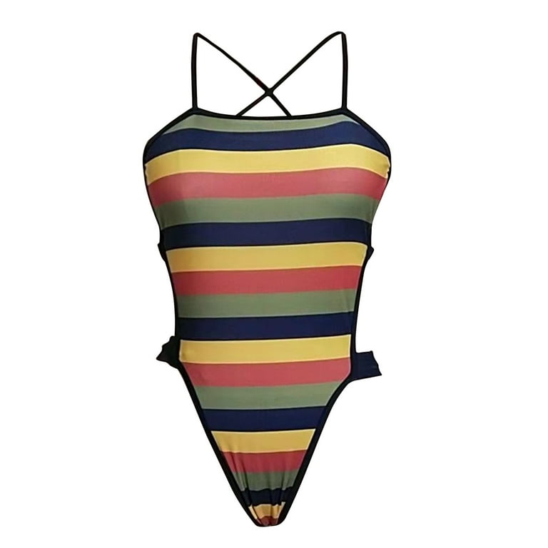 ZQGJB Plus Size Swim Dress for Women Colorful Striped Print Tummy