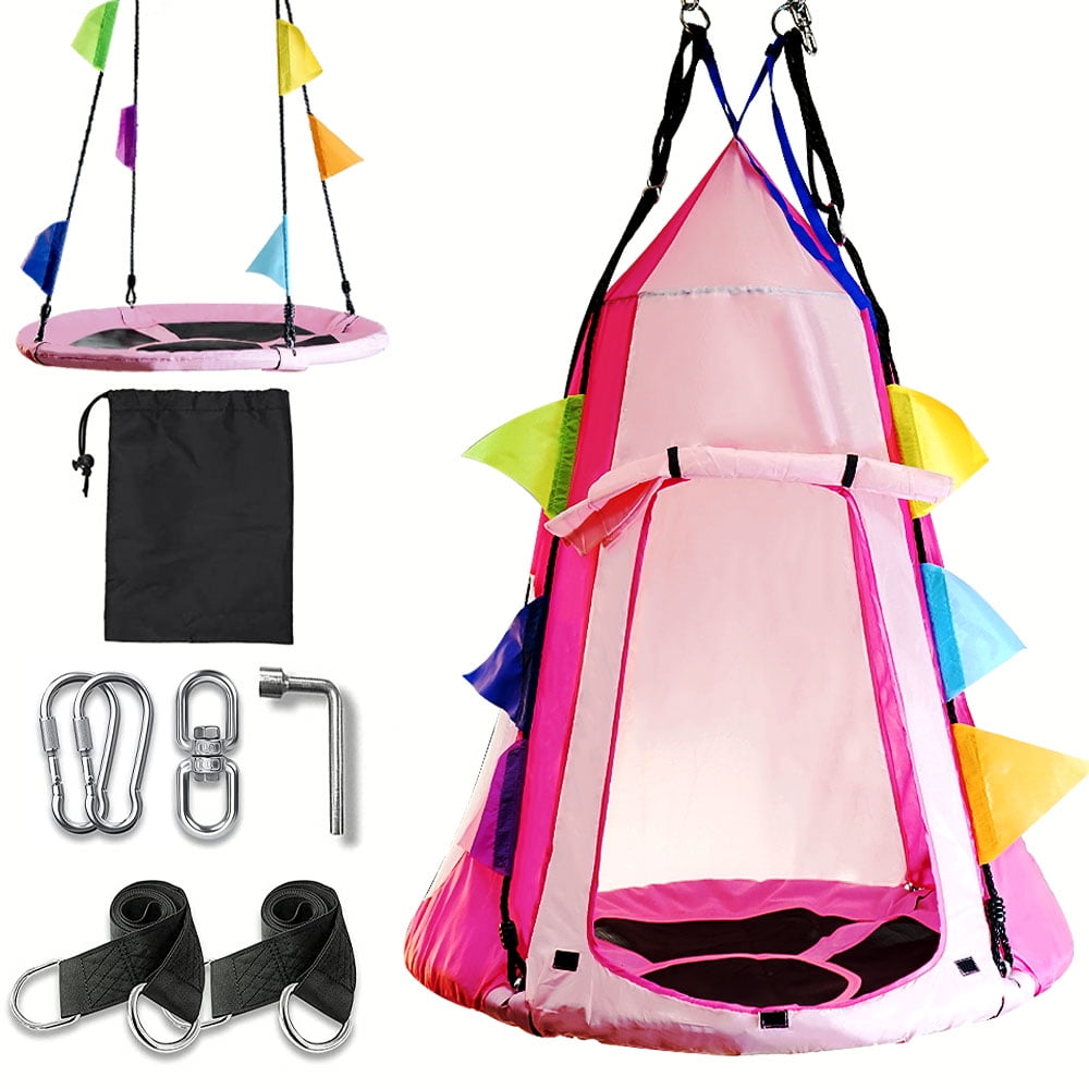 Outdoor Indoor Kids Hanging Tent Saucer Swing Giant Hammock Nest Pink