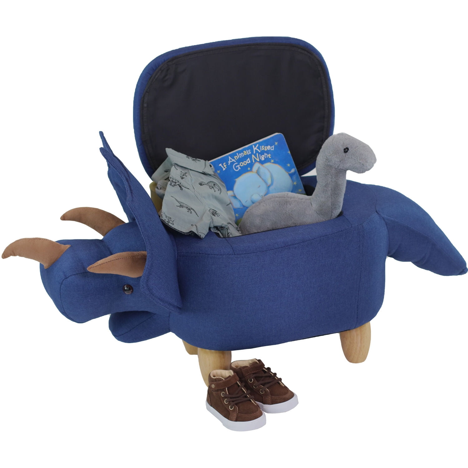 Critter Sitters 15-In. Seat Height Denim Blue Triceratops Dinosaur Animal-Shaped Storage Ottoman for Nursery, Bedroom, and Playroom