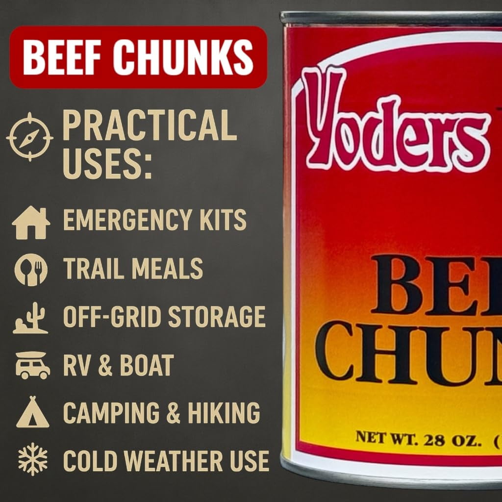 (6-Pack) Yoder’s Fully Cooked Beef Chunks, 28 oz #2.5 Can – 10.5 lbs Total, 10-Year Shelf Life, Emergency Food Storage, Camping & Meal Prep, Made in USA