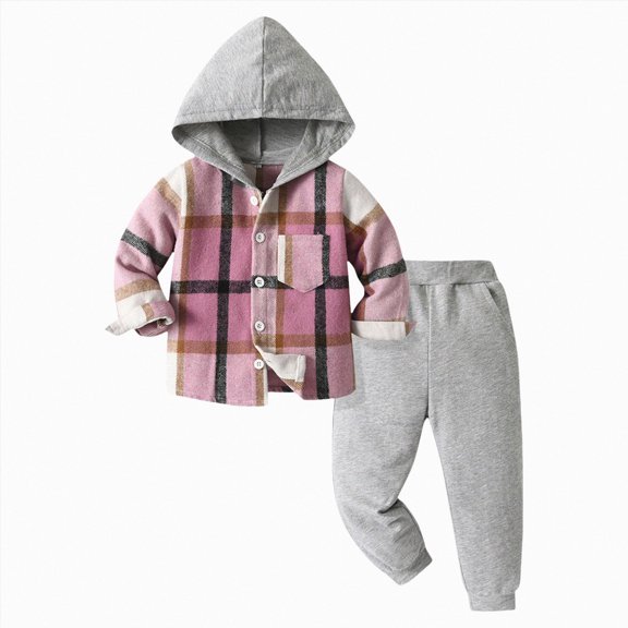 yboeqw 3M-7Years Toddler Boys Clothes Flannel Plaid Hooded & Pants 2 Piece Set Kids Boys Fall Outfits Sets(2-3 Years,Pink)