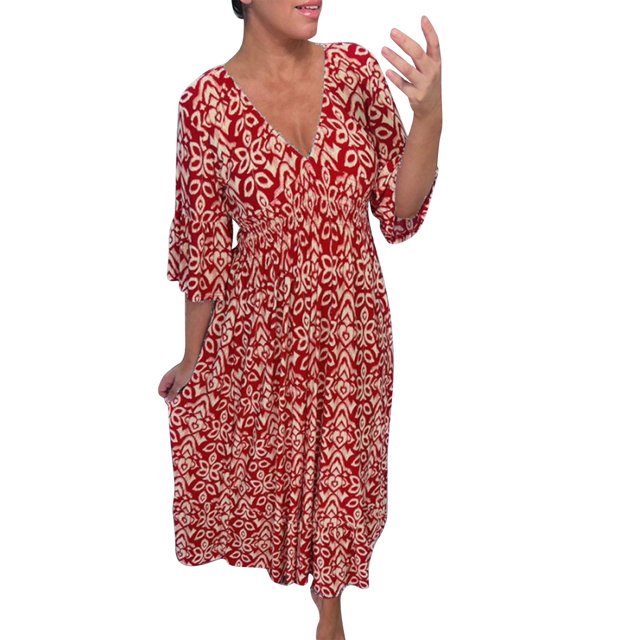 WTXUE Robes d'Été pour Femmes 2024, Jupe Longue Décontractée Ample et Polyvalente à Col en V pour le Printemps pour Femmes, Robe de Plage, Robe Fleurie pour Femmes, Robes Rouges pour Femmes, Rouge m