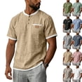 thumbnail image 2 of Cotton Linen Shirts for Men Short Sleeve Collarless Button Henley Shirt Casual Beach Oversized T-Shirts with Pockets,Khaki,3XL, 2 of 8