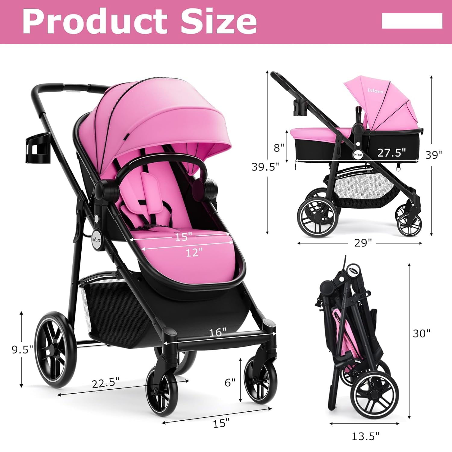 INFANS 2 in 1 Baby Stroller, High Landscape Infant Stroller, Foldable Pushchair with Adjustable Canopy, Cup Holder, Storage Basket, Suspension Wheels (Pink)