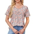 thumbnail image 3 of Womens Summer T Shirts Dressy Short Sleeve Tunic Tops Pleated Square Neck Summer Floral Print Top, 3 of 5