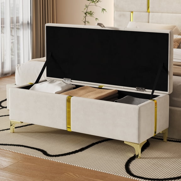Noble House Elegant Upholstered Storage Ottoman Bench with Metal Legs, Bedroom & Living Room Storage Seat, Beige